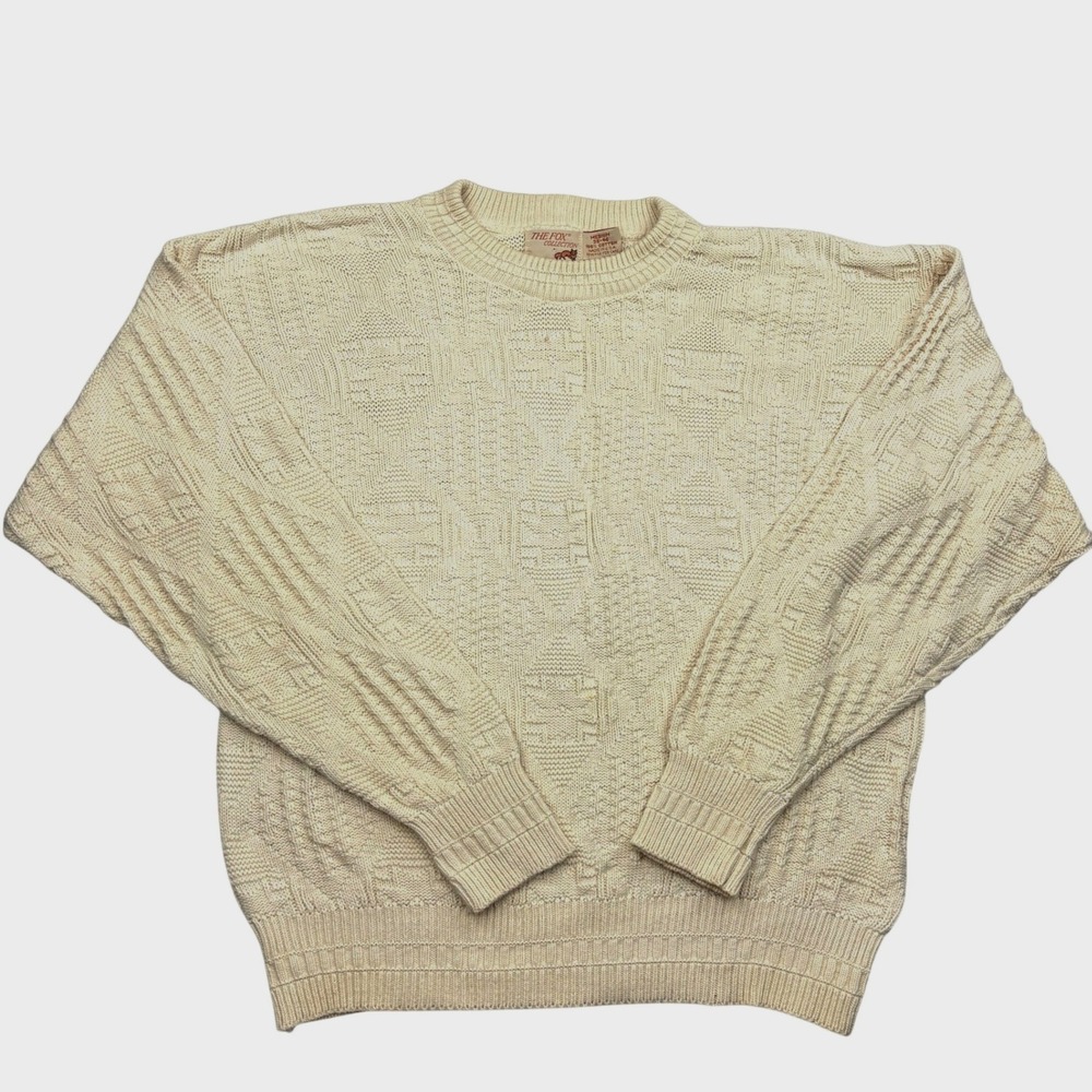 Vintage 80s The Fox Collection Sweater Mens Medium Cream Knit Crewneck USA M